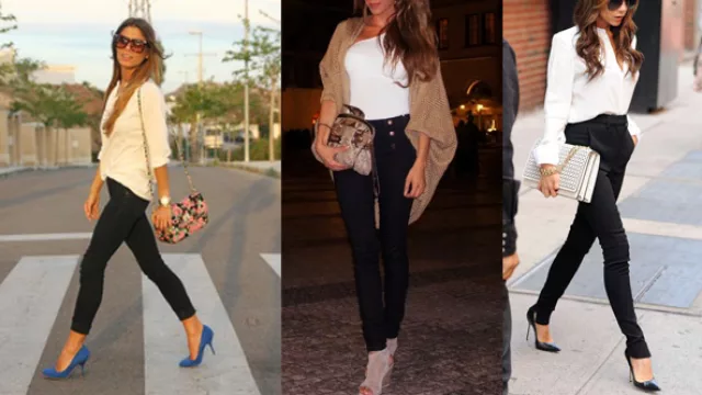 Calzas tiro alto con camisa, una opción con doble abotonadura a los costados, otra opción skinny con pinzas delanteras.