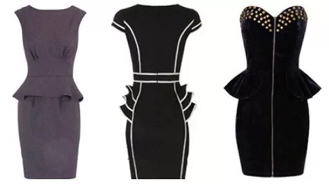 distintos cortes de peplum, entero corona en el modelo gris, cortos y a ambos costados en los modelos de fiesta.