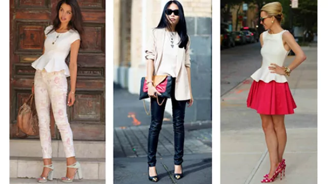 dos opciones de peplum en tops para llevar con pitillos, otra sobre falda fucsia