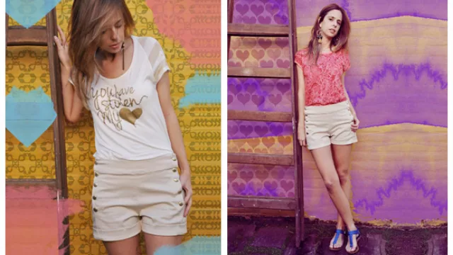 Felicity U, dos propuestas de conjuntos con shorcitos, uno con remera con estampas en dorado y otro con estampado fluo.