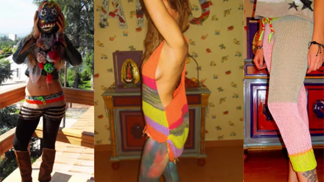 shorcito rayado sobre calzas negras, remerón vestido musculosa escotadísimo,  calzas patchwork multicolor.