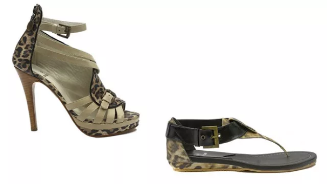 de Blaque, sandalia Stiletto en animal print combinado con cuero tiza y la sandalia baja combinándolo con cuero negro.