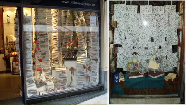 Dos opciones de locales de venta de libros, decoradas con páginas de diarios.