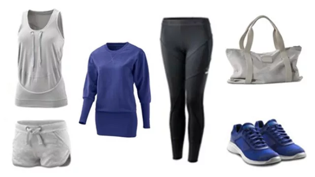 Distintas combinaciones deportivas con musculosas, calzas largas y shorts, en tonos grises y azules eléctricos