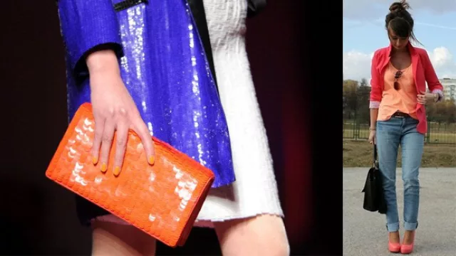 Azules eléctricos y naranjas; rosas, rojos y magentas.