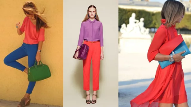 Naranja, azul y verde; Lila y naranja; Rojo pasión con turquesa.