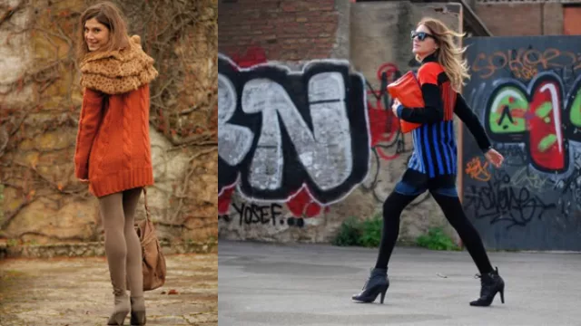 1º Medias de lycra de algodón, sweater tejido a mano y estola de piel sintética en animal print; 2º Medias de muselina gruesa, vestido camisero de jeans, sweaters largo multicolor.