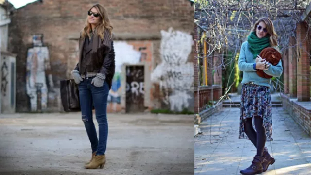 1º Jeans pitillos, camisa a cuadros, Chaqueta de cuero y estola de lana y piel. 2º calzas de lycra, maxi falda doble largo, sweaters de lana y cuello de lana.