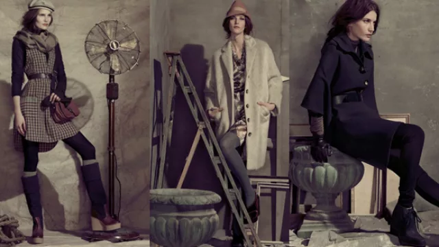 1º Polera negra, vestido camisero a cuadros de Villela, cuello de lana; 2º Vestido, medias y saco de piel sintética; 3º Vestido-tapado de paño con cinto grueso, sobre polera de lycra de algodón.