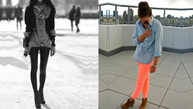 Camisa jean anudada con leggins y con jeans en tonos ácidos.