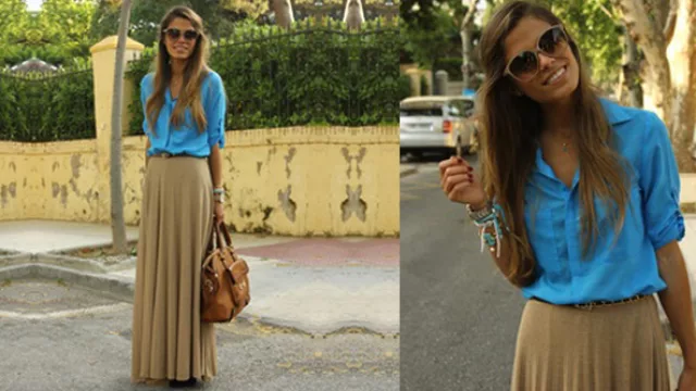 Camisa turquesa de gasa con maxi falda.