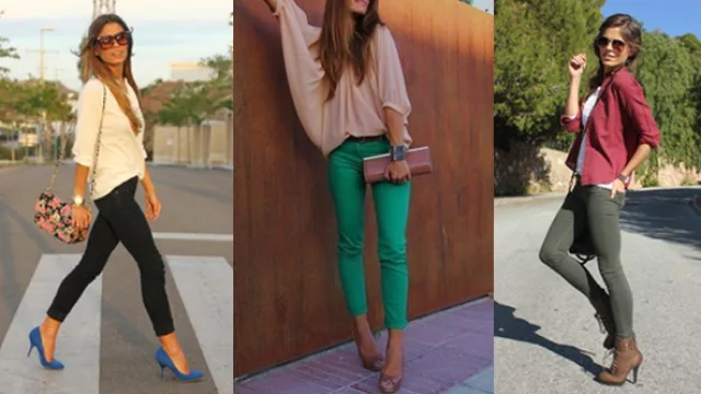 Tres opciones en camisola, blusa sin botones y camisa; combinadas con jeans leggins en distintas paletas de colores.