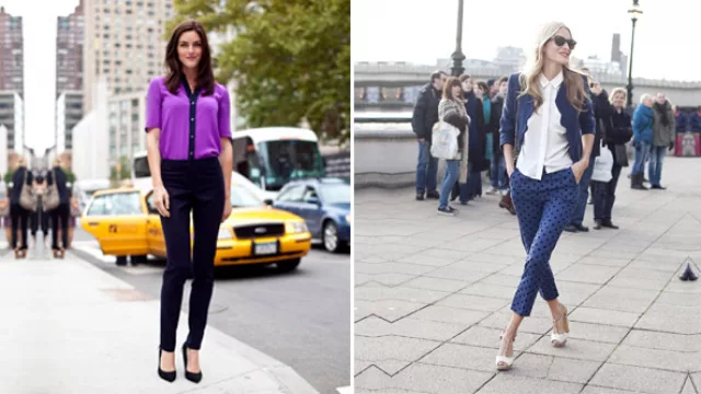 Opción clásica, en morado con presilla a contratono en negro. La otra en seda natural lisa para combinar con pantalón a lunares.