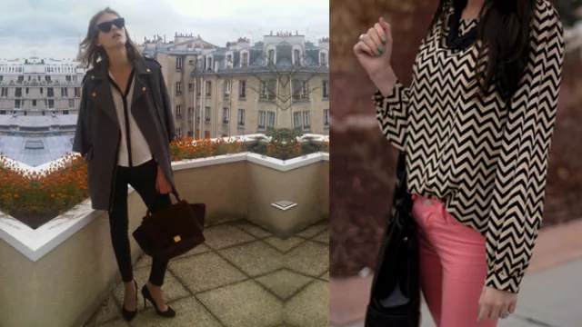 una opción con botonadura escondida a contratono y otra en blusón sin botones, con original estampado en seda.