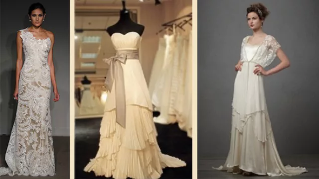 1º con encaje sobre tela rasada colores contrapuestos, los otros vestidos con pollerín en capas, strapless y estilo años 30.