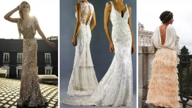 1º bordado enteramente en paillettes, 2º con espectacular escote en espalda con cola que cae en capas y una 3ª opción muy original para eventos de baja temperatura.