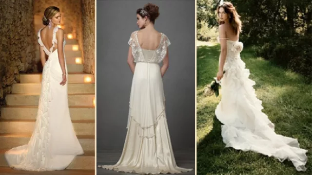 Sexy y romántico, con vuelo en escote que termina en la cola, uno en capas con sobre telas de encaje estilo años 30 y otro campestre, con flor de tela en espalda.