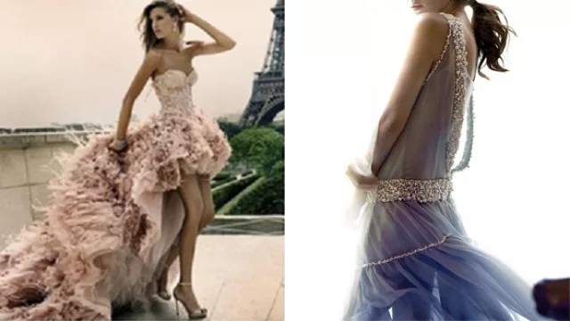 1º Estilo flamenco con largos desiguales que termina en cola, 2º en líneas simples de gasa con delicado bordado.