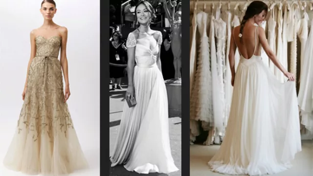 1º escote Palabra de Honor en degradé de dorados, 2º Falda plisada y mangas en encaje, el 3º estilo ballet, simulando mallot y falda de tules.