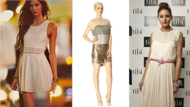 1º, opción juvenil, muy corto y falda evasé, 2º opción simple con brillos y bordados en distintos tonos dorados y cobres, 3º plisado, con escote en gasa semitransp. bordado.