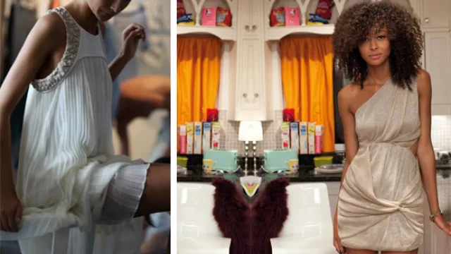 Plisado, escotado en sisas y bordado en piedras, vestido corto globo, un solo hombro, en género con lurex dorado.