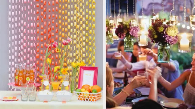 Deco multicolor para cumple de niños y mesa iluminada con faroles caseros colgantes.