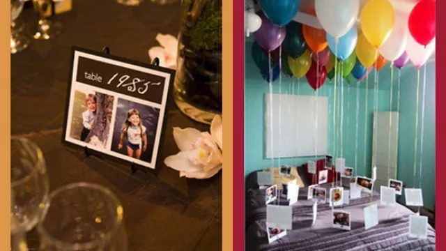 Original señalizador de número de mesas y sorpresitas para cumpleaños de niños (fotos del agasajado colgadas de globos con helio).