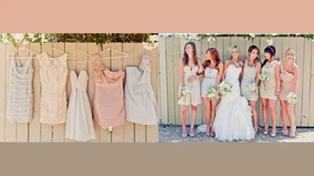 Foto recuerdo: novia y amigas, sus vestidos en percha, y sus vestidos puestos.