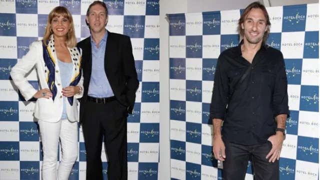 Teté Coustarot (madrina de Hotel Boca) y Pablo Veloso, gerente del establecimiento; Rolando "el Flaco" Schiavi, ídolo e hincha de Boca