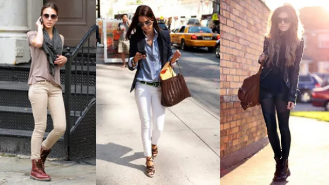 Cuellos, jeans pitillos y botinados bajos, blazer y camisa de jeans, botinados bajos, shorts cuero y medias.