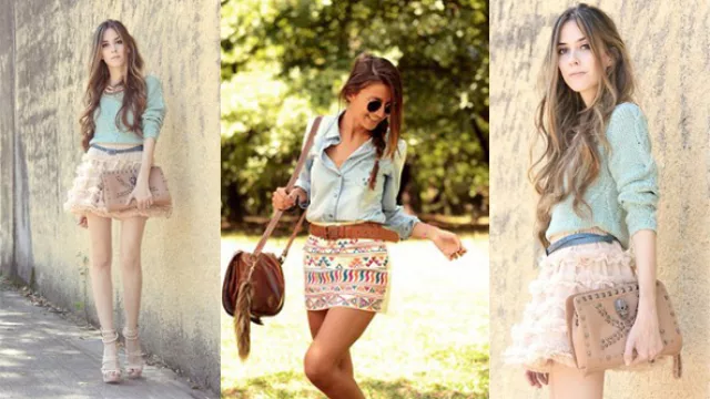 Minifalda con volumen y minifalda imitación Jacquard con camisa de jeans.