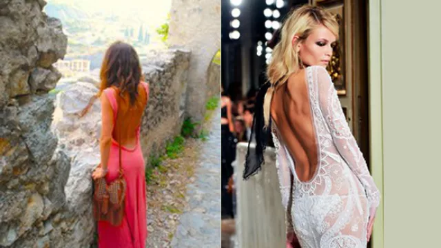 Maxi vestido con gran escote en espalda; vestido de encaje transparente con escote escultural.