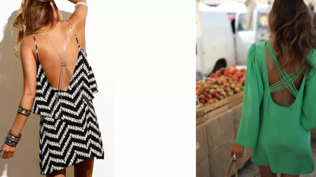 Vestido corto de coctel, con escote en V, sobre faldón y cadenas biju en espalda; vestido con mangas largas globo, escote con tiras cruzadas en la espalda.