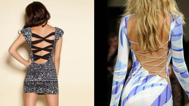 Dos opciones de vestidos al cuerpo, de géneros con spandex, con tiras cruzadas en espalda.