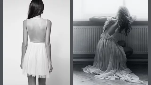 Dos opciones de vestido de fiestas, que pueden adaptarse a vestidos de casamientos. Uno con espalda en tul transparente, el segundo con marco de flores de telas rococó.