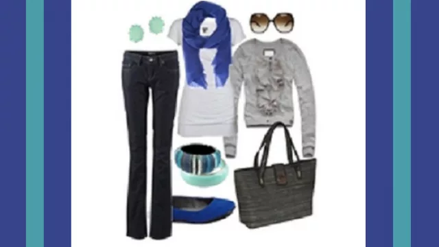 Jeans pitillo, remera blanca, saquito en tiza y foulard en azul eléctrico, haciendo juego con ballerinas.