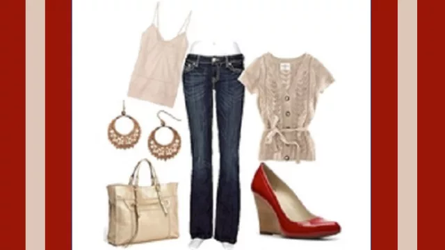 Jeans spandex, musculosa blanca, saquito tejido trenzado y zapatos chinos rojos.