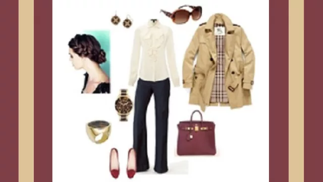 Jeans pata de elefante, camisa blanca con jabot, trench beige y ballerinas rojas.