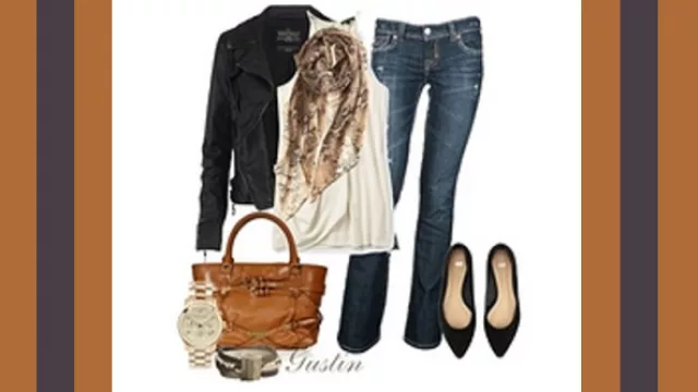 Jeans rectos al cuerpo, musculosa blanca, campera cuero cruzada con tachas y foulard en dorado, chocolates y beige, stilettos negros.