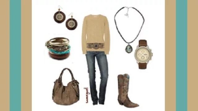 Jeans rectos al cuerpo, sweaters en beige, botas tejanas bicolor y bolso haciendo juego. Importante: cinto en tonos beiges y detalles en turquesa.