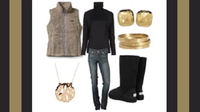 Para días más frescos. Jeans con Pollera tejida negra, chaleco de piel sintética y botas ugg negras.