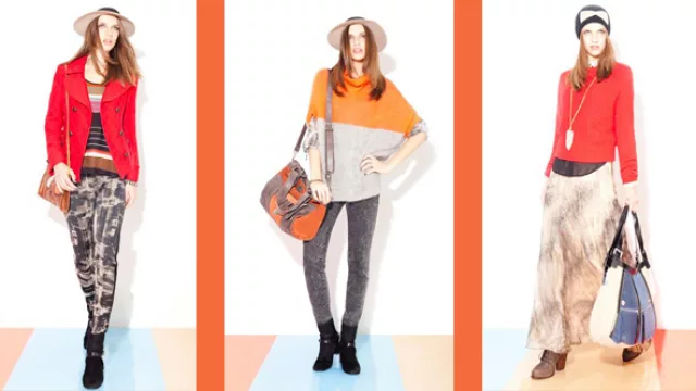 V; Leggins y saco cruzado; Leggins y chaleco bicolor; pollera XL y sweter rojo.