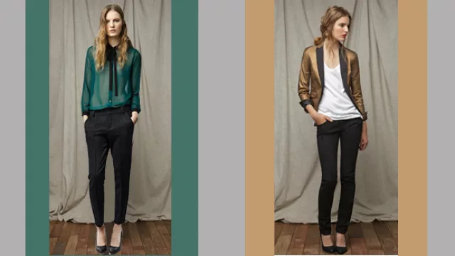 ZARA: pantalón pinzado skining + blusa con lazo/ moño, ó con remera básica y blazer corte smoking con brillos.