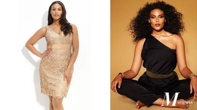 La modelo Marquita Pring, en un vestido color piel con corte bajo el busto y con un mono negro, ancho, un solo hombre, doble tela.