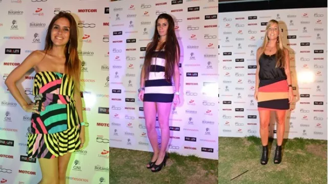 1) Vestido strapless multicolor a rayas con vuelos 2) Vestido muy ceñido minifalda y plataformas boca de pescado 3) Top seda, mini multicolor a rayas y botitas boca pescado