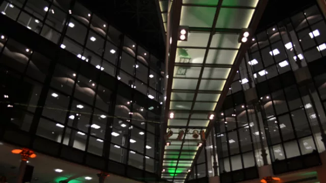 Dos impactantes pasarelas aéreas cruzan el patio central